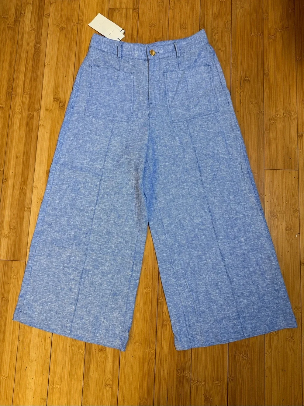 NWT Zara  Blue Linen Culottes Wide Leg Crop Pants Size M